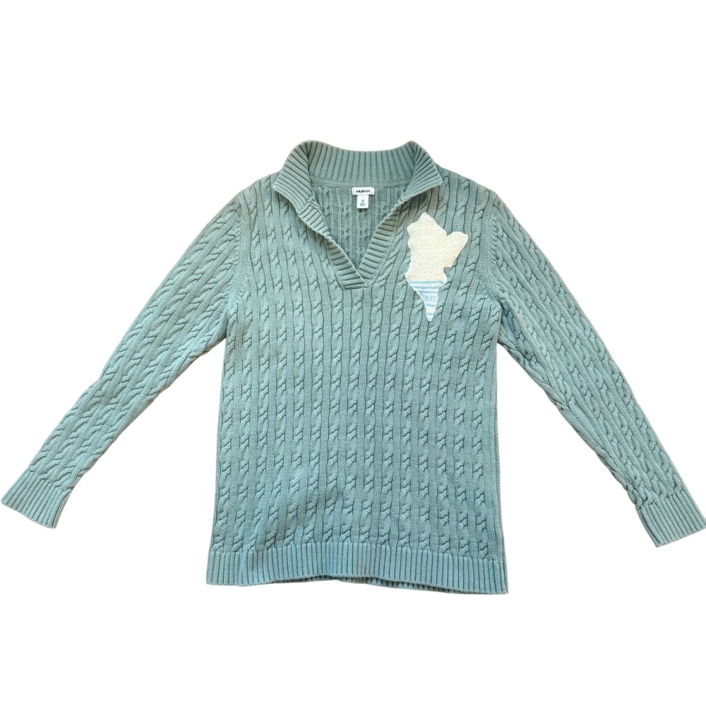 LL Bean Cable Knit Sweater Custom Maine Map Patch Sage Green Cotton